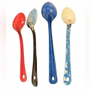 4 Vintage Graniteware Enamelware Spoons Blue Swirl Red Blue Speckled